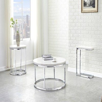Echo Round White Marble and Chrome Metal Cocktail Table, 36"