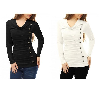 Allegra K Women's Cowl Neck Long Sleeves Buttons Decor Ruched Top 2 Pcs