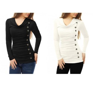 Allegra K Women's Cowl Neck Long Sleeves Buttons Decor Ruched Top 2 Pcs - 1 of 4
