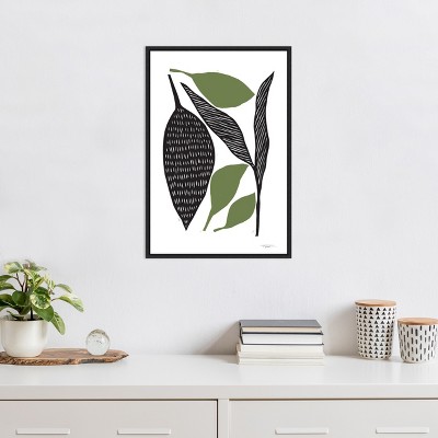 Modern Black and Green Leaf Canvas Print with Black Frame 16 x 23 Inches
