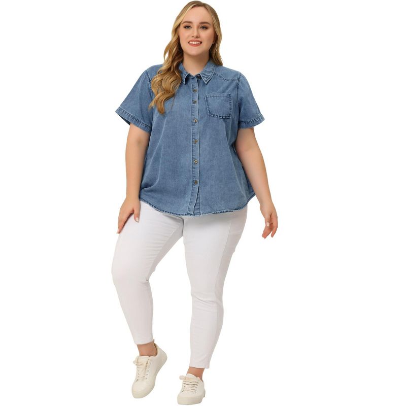Agnes Orinda Women's Plus Size Denim Short Sleeve Chest Pocket Button Down Shirts, 3 of 7