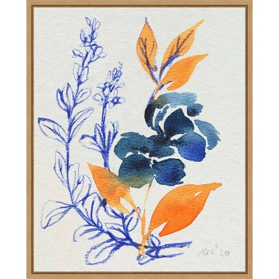 Indigo and Goldenrod Floral Canvas Print with Maple Frame