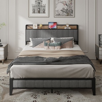 Queen Size Bed Frame With Charging Station USB Ports Upholstered Headboard Storage Space Heavy Duty Metal Slats Platform Bed Easy Assembly
