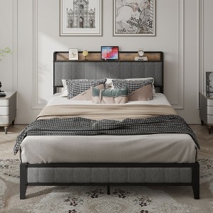 Queen Size Bed Frame With Charging Station USB Ports Upholstered Headboard Storage Space Heavy Duty Metal Slats Platform Bed Easy Assembly - 1 of 4