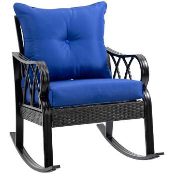 Outsunny Outdoor Rattan Wicker Rocking Chair Patio Recliner with Soft Cushion, Adjustable Footrest, Max. 135 Degree Backrest, Blue