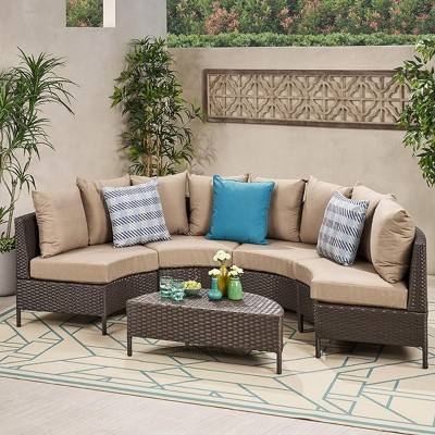 5-Piece Outdoor Wicker Half-Circle Patio Conversation Set with Cushions, Modular Sectional Sofa and Coffee Table for Backyard-The Pop Home