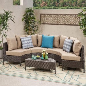 5-Piece Outdoor Wicker Half-Circle Patio Conversation Set with Cushions, Modular Sectional Sofa and Coffee Table for Backyard-The Pop Home - 1 of 4