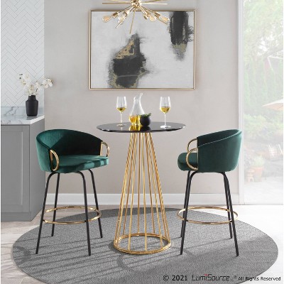 Emerald Green Velvet and Gold Metal Swivel Counter Stools, Set of 2