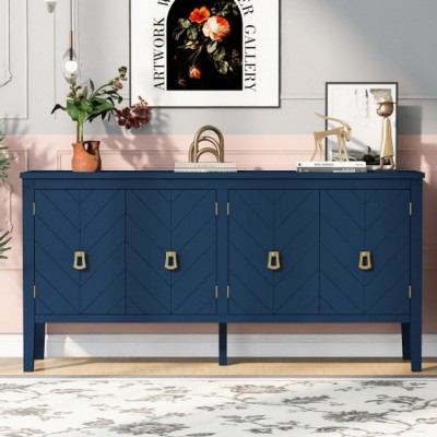 Modern Wood Buffet Cabinet with 4 Doors and Vintage Metal Handles, Large Sideboard Storage Cabinet for Dining Room or Living Room–The Pop Home