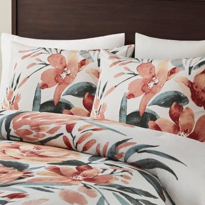 King Red Cotton Floral Comforter Set with Shams