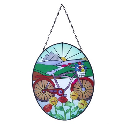 Lakeside Stained Glass Sun Catcher with Retro Bicycle - Decorative Hanging Window Ornament