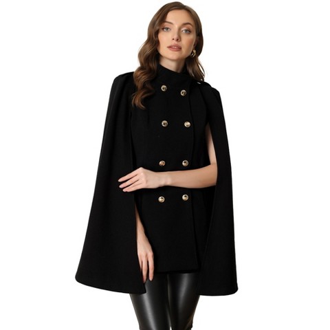 Allegra K Women's Winter Slit Sleeve Double Breasted Cloak Coat Medium Dark Blue