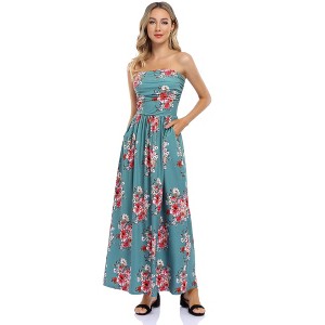 Women Strapless Maxi Boho Vintage Summer Beach Floral Print Hawaiian Party Long Dress - 1 of 4