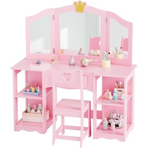 JOYMOR 2-in-1 Princess Vanity Set with Tri-Fold Mirror & Storage, Kids Table & Chair, Ideal Holiday & Birthday Gift (Pink) - 1 of 4