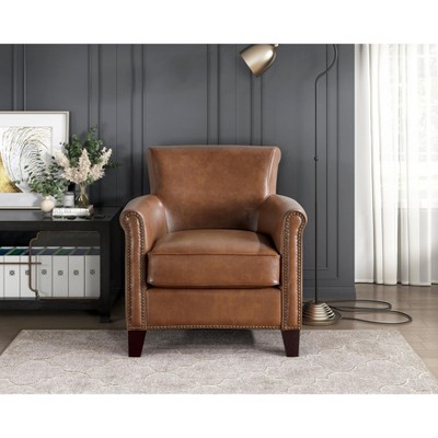 Traditional Brown Leather Accent Chair 1pc Solid Wood Frame Top-Grain Leather Nailhead Trim Classic Modern Living Room Furniture