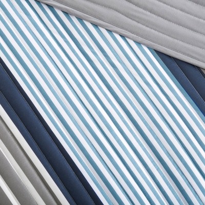 Gray and Blue Striped Reversible Microfiber Quilt Set