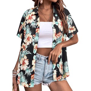 Nlife Womens Button Down Hawaiian Shirts Short Sleeve Floral Print Summer V Neck T-Shirt Casual Summer Beach Blouses Tops - 1 of 4