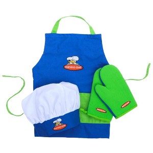 Curious Chef 4-Piece Child Textile Set for Kids and Toddlers, Blue and Green Child-Sized Apron, Oven Mitts and Chef's Hat - 1 of 4