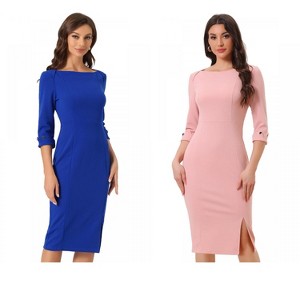 INSPIRE CHIC Women's Elegant Boat Neck 3/4 Sleeves Work Midi Split Sheath Dress 2 Packs - 1 of 4