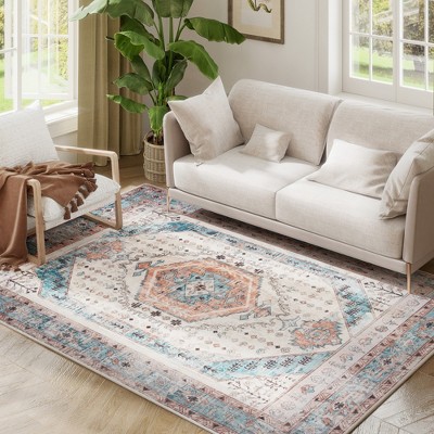 HOMCOM 5x7 Area Rug, Vintage Machine Washable Rug, Non-Slip Floor Carpet for Living Room, Bedroom, Dining Room, Home Office, Brown and Blue