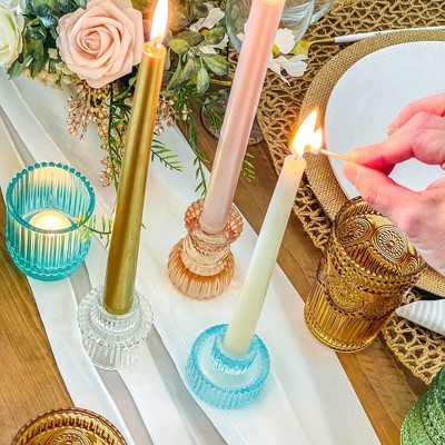 Rose Gold Ribbed Glass Candlestick Holders Set of 6