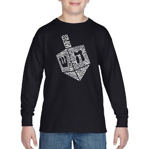 LA Pop Art Hanukkah Dreidel - Boy's Word Art Long Sleeve T-Shirt Black Large - 1 of 4