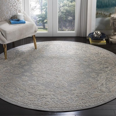 Round Light Grey Cream Floral Synthetic Area Rug