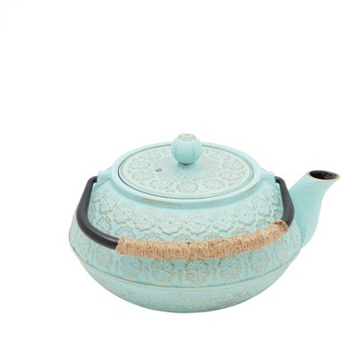 Light Blue Floral Cast Iron Japanese Teapot with Infuser and Trivet