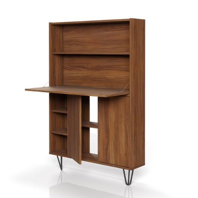 Slim Walnut Secretary Desk with Black Hairpin Legs and Filing Cabinet