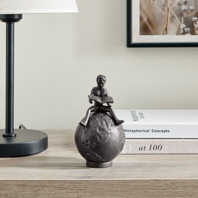 Bronze Cast Iron Boy Reading on Globe Tabletop Sculpture