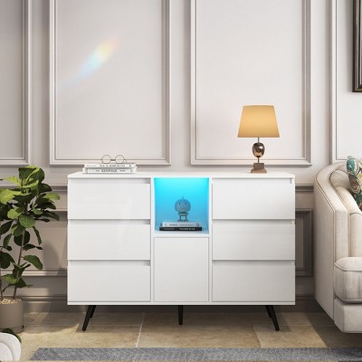 Kitchen Sideboard Buffet Cabinet with LED Light Modern Coffee Bar Cupboard Storage Cabinet for Dining Room White