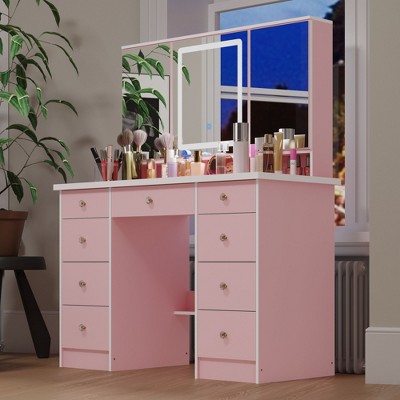 Famapy 43"W Large Vanity Table 9-Drawer Vanity Set with Crystal Pulls and Versatile Mirror Lighting