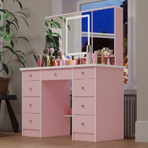 Famapy 43"W Large Vanity Table 9-Drawer Vanity Set with Crystal Pulls and Versatile Mirror Lighting - 1 of 4