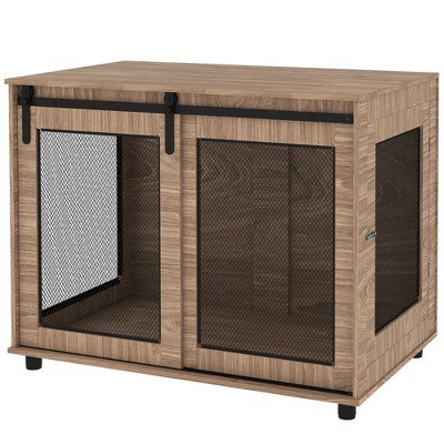Large Brown Wood and Mesh Dog Crate Table