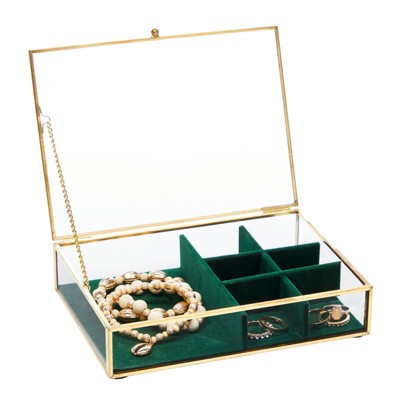 Juvale Clear Glass Jewelry Box with Lid and Green Velvet Compartments, Gold Display Case, 7.1 x 5.5 Inches
