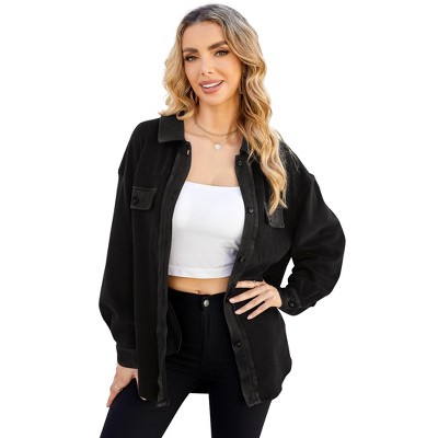 Women's Polar Fleece Shirt Jacket, Button - Down Long - Sleeve Coat with Chest Pockets, Casual Fall & Winter Outerwear