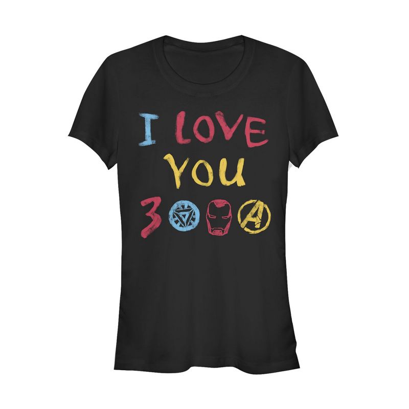 Juniors Womens Marvel Love You 3000 Crayon Print T-Shirt, 1 of 4