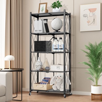 HONEIER 5-Tier Foldable Storage Rack Wire Shelving Unit with Wheels Black