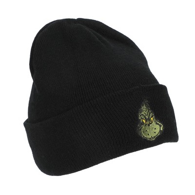 The Grinch Embroidery Black Acrylic Yarn Standard Cuff Beanie