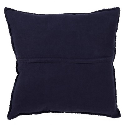 Midnight Blue Linen Square Throw Pillow with Fringed Edges