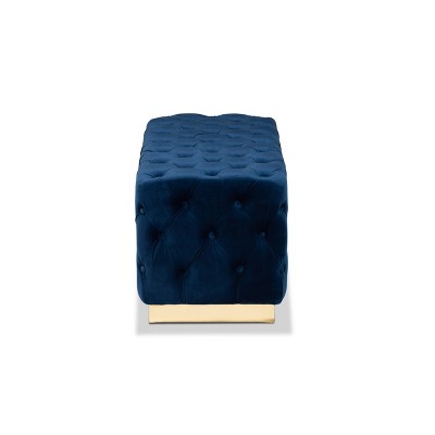 Corrine Navy Blue Velvet Tufted Ottoman with Gold Base
