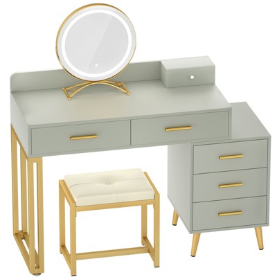 Aheaplus Makeup Vanity Set with Stool and LED Mirror, Modern Makeup Table Vanity Desk with 6 Storage Drawers