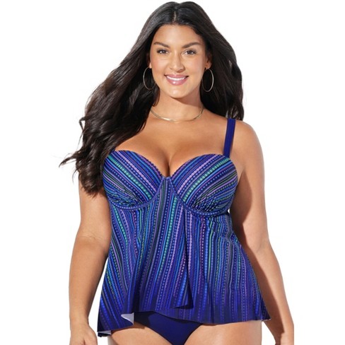 Swimsuits For All Women's Plus Size Bra Sized Faux Flyaway Underwire Tankini  Top, 40 Dd - Blue Palms : Target