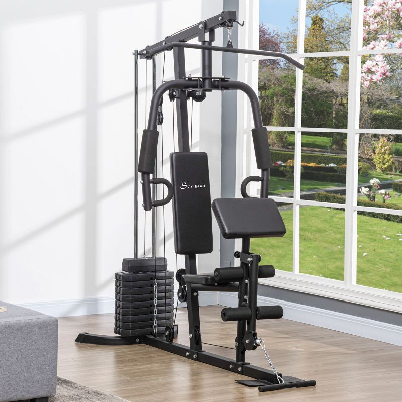 Soozier Home Gym, Multifunction Gym Equipment Workout Station with 100Lbs Weight Stack for Lat Pulldown, Leg Extensions, Preacher Bicep Curls, 3 of 8