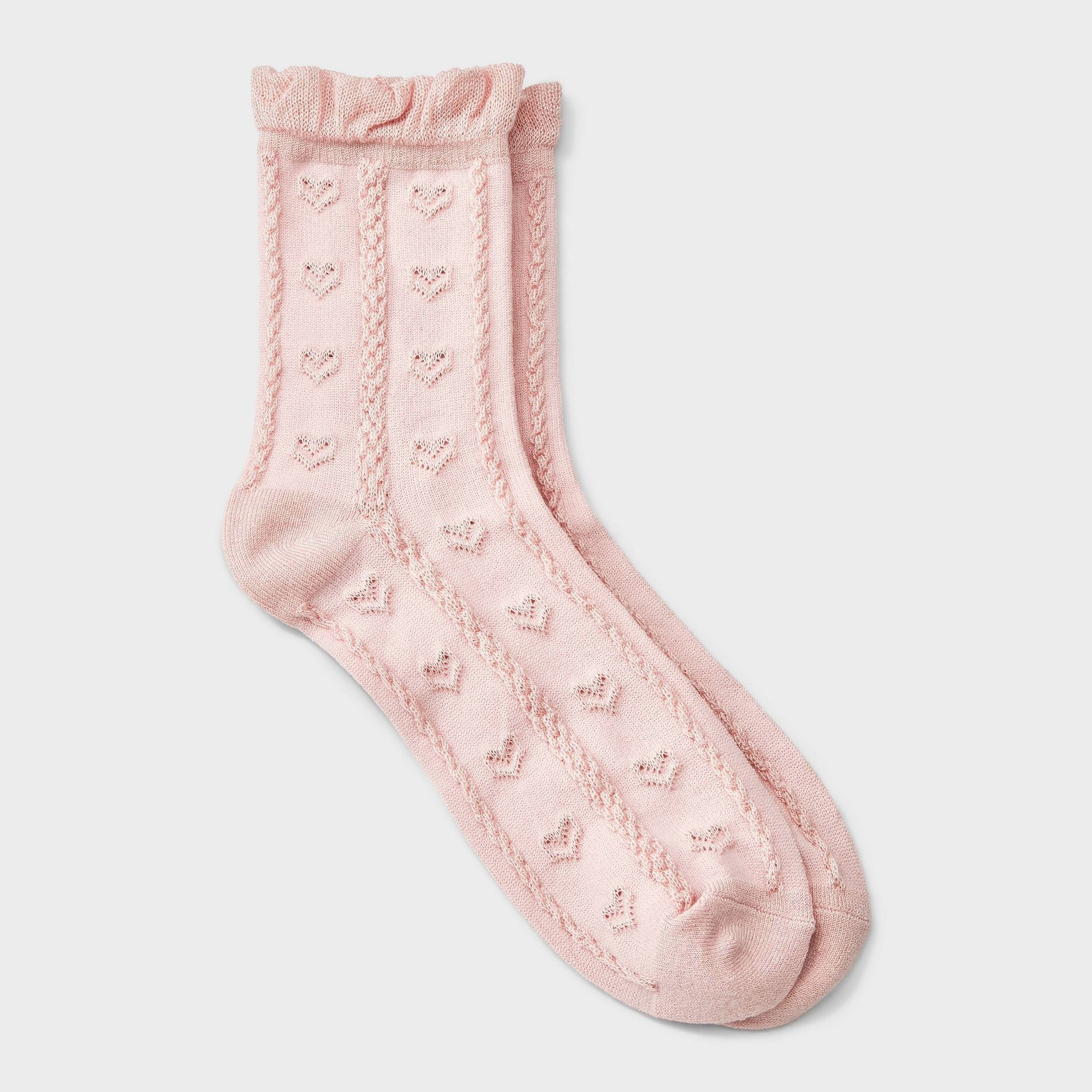 Women's Soft Ruffle Cuff Textured Hearts Valentine's Day Mid Crew Socks - Auden™ Light Pink 4-10