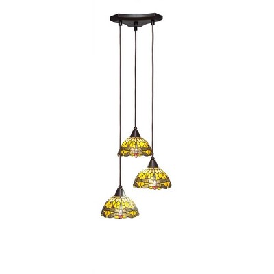 Toltec Lighting Europa 3 - Light Pendant in  Dark Granite with 7" Amber Dragonfly Art Glass Shade