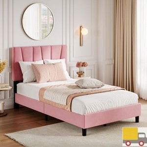 Jojoka Upholstered Bed Frame with Adjustable Headboard, Linen or Velvet Fabric, Wooden Slats, Noise-Free, Easy Assembly - 1 of 4