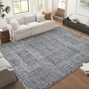 8x11 Rugs Non-Slip Ultra-Thin Vintage Area Rug Soft Faux Wool Carpet  Machine Washable Foldable Grey Rug with TPR Backing - 1 of 4