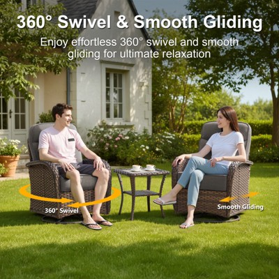 People seated in outdoor furniture set showing 360-degree swivel and gliding features