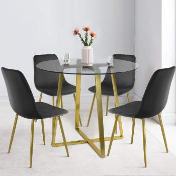 Hana + Bingo 5-Piece Round Clear Glass Dining Table Set with 4 Upholstered Chairs Gold Legs - The Pop Maison
